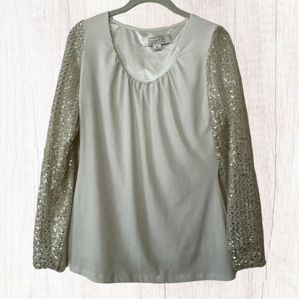 Badgley Mischka American Glamour Off White Sequin Sleeve Blouse Top Sz Medium